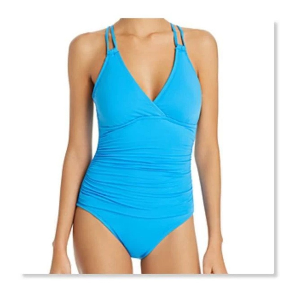 La Blanca Blue One Piece ruched sided underwire removable pads NWOT liner intact